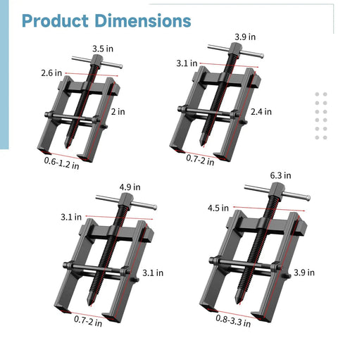 Heavy Duty 4PC Gear Puller Set Carbon Steel Bearing Removers Motorcycle Auto Repair With 2 3 4 6 Inch Sizes 2 Jaw Pullers dimensions chart
