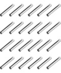 Premium Heavy Duty Slotted Split Roll Pins 24 Pack 5mm By 2 Inch Chrome Steel Expansion Dowels arranged in rows.