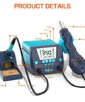 Two-In-One Soldering Iron And Hot Air Rework Station Kit with tools and digital display, showcasing temperature controls.