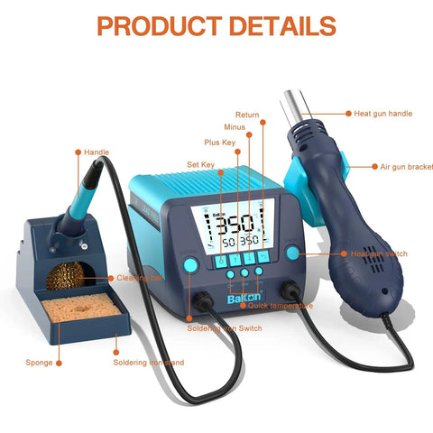 Two-In-One Soldering Iron And Hot Air Rework Station Kit with tools and digital display, showcasing temperature controls.