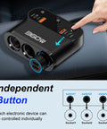 Bulletproof Car Cigarette Lighter Splitter Adapter With Triple 12V Sockets And Six Usb Ports showing independent button and usage details.