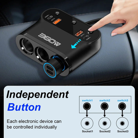 Bulletproof Car Cigarette Lighter Splitter Adapter With Triple 12V Sockets And Six Usb Ports showing independent button and usage details.