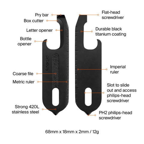 Diagram of Ultra Slim Stainless Steel Multi Tool V2 With Titanium Coating Pocket EDC Gear detailing functions and measurements.