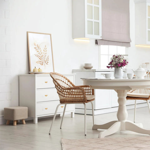 Modern dining room with white dresser featuring half moon wooden drawer handles set of 6 beech wood wardrobe and cabinet pulls.