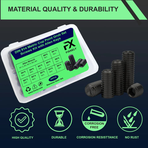 60 Piece Set Screws Kit With Allen Keys, shown in a box with M3-M8 black alloy steel metric cup point hex socket screws.