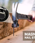 Person using Workhorse Framing Hammer with Magnetic Nail Starter Milled Face 22 oz for carpentry and demolition tasks