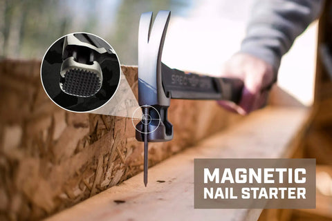 Person using Workhorse Framing Hammer with Magnetic Nail Starter Milled Face 22 oz for carpentry and demolition tasks