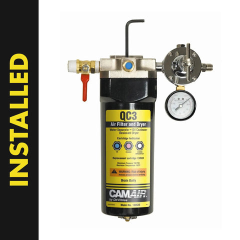 QC3 Air Filter And Dryer For Small To Medium Compressors, Universal Fit, shown installed with pressure gauge.