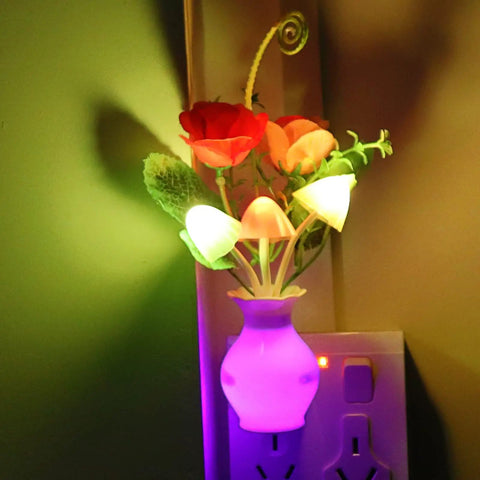 Plug In LED Night Light With Dusk To Dawn Sensor 0.5W Energy Saving Cozy Glow Dream Nightlight featuring a rose flower mushroom design