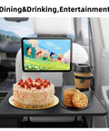 Top Shelf Foldable Car Seat Tray Desk For Tesla Cybertruck with snacks, drinks, and tablet for dining comfort.
