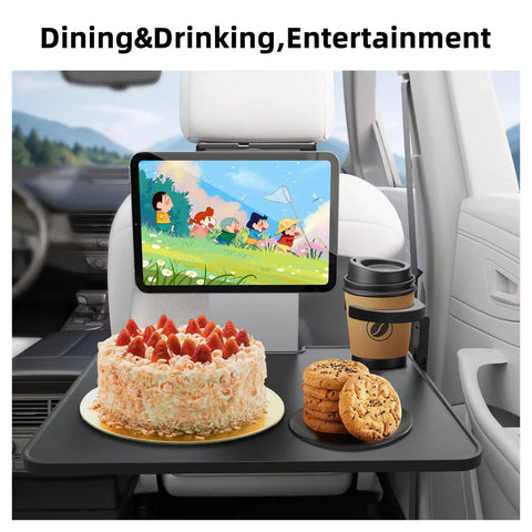 Top Shelf Foldable Car Seat Tray Desk For Tesla Cybertruck with snacks, drinks, and tablet for dining comfort.