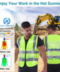 Cooling Safety Vest With 24 Ice Packs For Hot Weather Work That Keeps You Cool From Front To Back in a construction site setting.