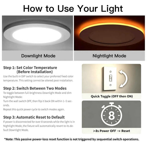 How to use 12 Pack 6 Inch LED Recessed Ceiling Downlights With Adjustable 5CCT Color Temperature And Super Smooth Amber Night Light White Trim IC Rated No Sweat Installation