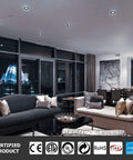 Modern living room illuminated by Two Pack 6 Inch Recessed LED Light Kit With Junction Box Dimmable 2700K 3000K 4000K 5000K 6000K Five Color Temperatures 15W 1200 Lumen Ultra Thin ETL Energy Star Certified
