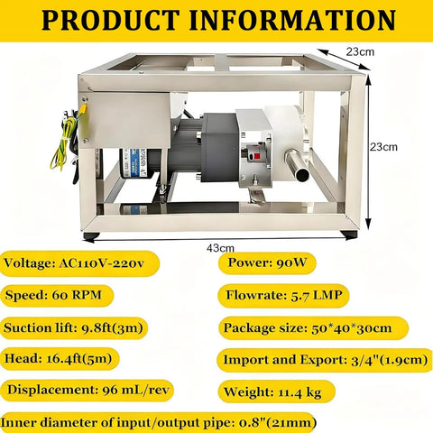 Heavy Duty Viscous Liquid Transfer Pump For Honey And Paste Stainless Steel Gear Pump 90W Electric Delivers Up To 8 Kg Per Minute About 5.7 L Handles 800 to 4000 cP Food Grade Easy Pour And Clean, stainless steel unit with 43x23x23 cm dimensions