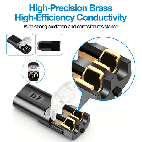 Close-up of 90 Pack 2 Pin Snap Wire Connectors With Heavy Duty Locking Clips, showcasing brass connectors for electrical projects.