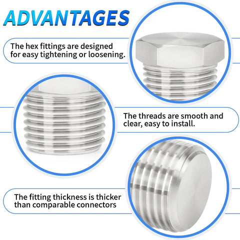 304 Stainless Steel Heavy Duty Outer Hex Head Socket Pipe Plug Fitting One Eighth Inch NPT Male Thread Adapter Advantages