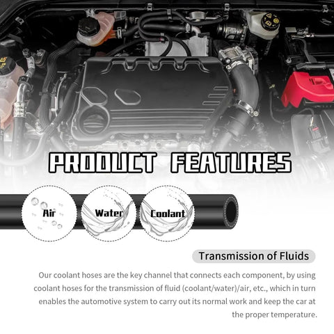 Front view of car engine bay with black silicone heater hose, 5/8 in (16mm ID, 24mm OD) for coolant.