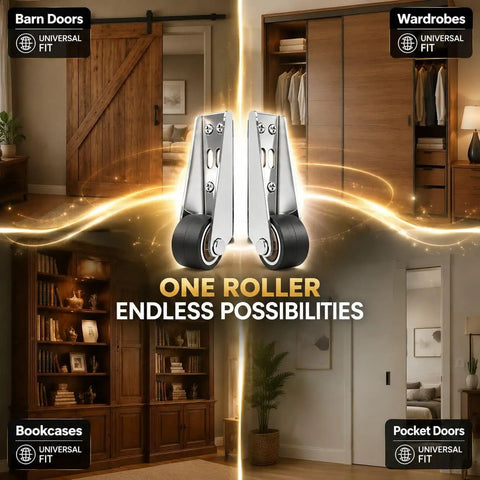 Heavy Duty Vertical Door Rollers Fix Drooping Sliding Doors Bottom Wheel Kits With Reinforced Steel Brackets shown with various door types.