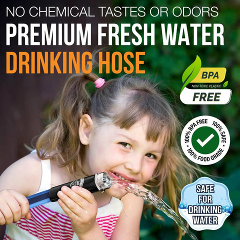 Child drinking from RV Fresh Water Drinking Hose 35 Feet With Kink Free Design Top Notch Performance Non Leaching And Non Toxic Stainless Steel Fittings Durable Camping RV Water Hose For Safe Easy Hookups On The Go.