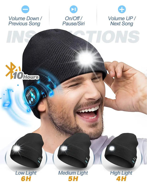 Person wearing Bluetooth Beanie With Light USB Rechargeable LED Headlamp Winter Hat For Running Hiking Hunting Skiing Black Unisex