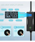 Big Time Portable 3.6 KW EV Charger With 16 Amp Type Two Connector And SAE J1772 Plug control panel showing LED display details.
