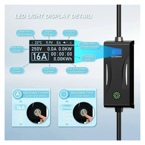 Big Time Portable 3.6 KW EV Charger With 16 Amp Type Two Connector And SAE J1772 Plug control panel showing LED display details.