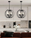 Large Lantern Globe Black Chandelier For Farmhouse Vibe, Four Light Pendant Ceiling Fixture With Adjustable Arms