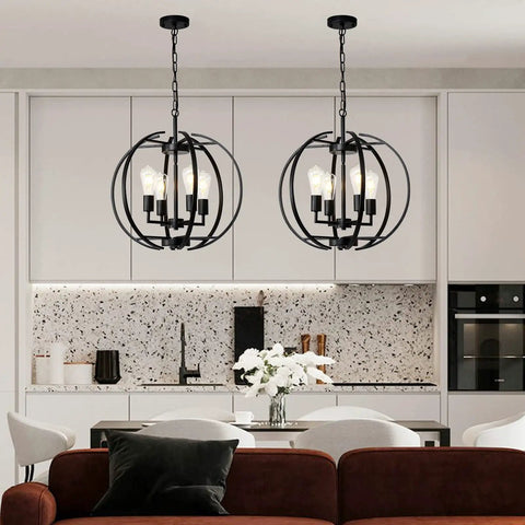 Large Lantern Globe Black Chandelier For Farmhouse Vibe, Four Light Pendant Ceiling Fixture With Adjustable Arms