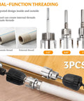 All In One Dual Function Pipe Thread Cutter Kit For Half Inch Three Quarter Inch And One Inch PVC Pipes With Internal And External Threading No Fuss Electric Drill Compatible Pipe Threader Set showing threading sizes and drill attachment.