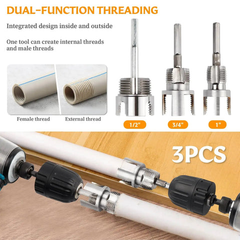 All In One Dual Function Pipe Thread Cutter Kit For Half Inch Three Quarter Inch And One Inch PVC Pipes With Internal And External Threading No Fuss Electric Drill Compatible Pipe Threader Set showing threading sizes and drill attachment.