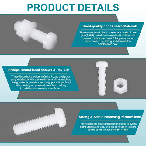 Premium Top Shelf M6x50 Millimeter Nylon Phillips Cross Head Bolt And Nut Assortment Kit With Flat Washers close-up of white nylon bolts and hex nut.