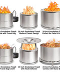 Collage of stainless steel 20 inch smokeless patio fire pits with travel bag, modern design, and heat deflector, plus 28 inch model with stand and grill.