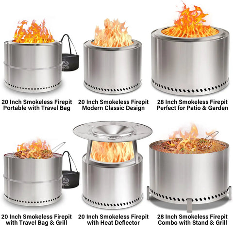 Collage of stainless steel 20 inch smokeless patio fire pits with travel bag, modern design, and heat deflector, plus 28 inch model with stand and grill.