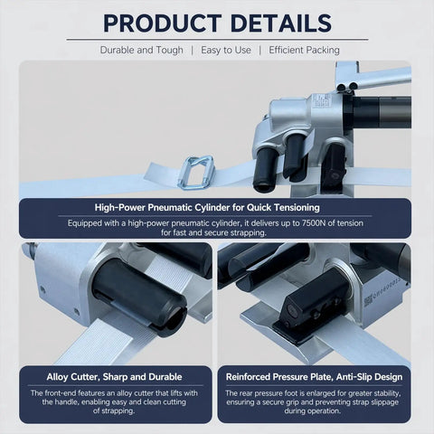 Heavy Duty Handheld Pneumatic Strapping Machine For 19 To 50 Mm Steel Bands showing high-power pneumatic cylinder and alloy cutter.