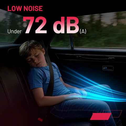 Child sleeping in car backseat highlighting low noise level under 72 dB, promoting comfort during road trips.