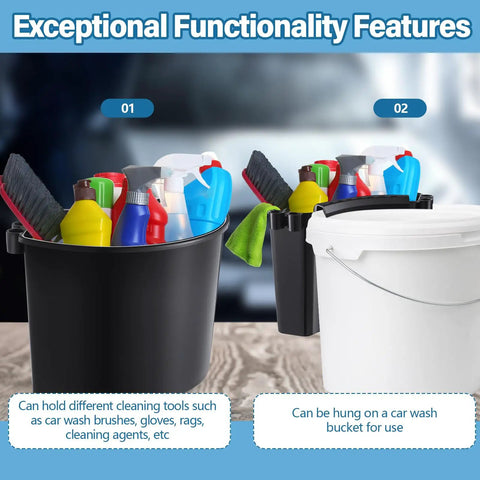 Two Pack Car Detailing Bucket Organizer Set With 10.2 x 7.8 x 5.5 Inch Buckets Caddy filled with wash accessories hanging on a white bucket