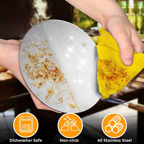 Cleaning the Stainless Steel Burger Press Round 6.2 Inch Smasher with yellow cloth, highlighting non-stick surface and durability