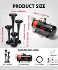 Badass 12V Four Trumpet Train Air Horn Kit With Compact Three Liter Air Tank And High Output Compressor Rig Upgrade dimensions and components.