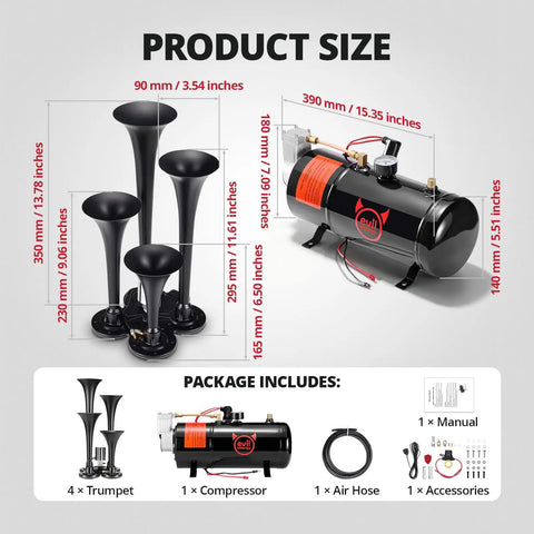 Badass 12V Four Trumpet Train Air Horn Kit With Compact Three Liter Air Tank And High Output Compressor Rig Upgrade dimensions and components.