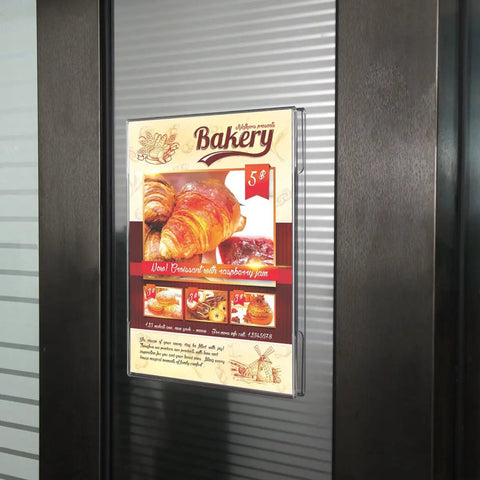8.5x11 Clear Acrylic Sign Holders With No Drilling Mount displaying bakery menu on glass door