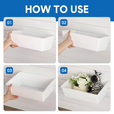Step-by-step guide using Six Pack Of Large Slatwall Storage Bins White PVC Slatwall Containers for organizing garage items.