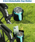 Wheelchair Cup Holder With 6.4 Inch Storage Box And 2 In 1 Design, Big Drink Holder With Handle, fits on wheelchair with green grass background.
