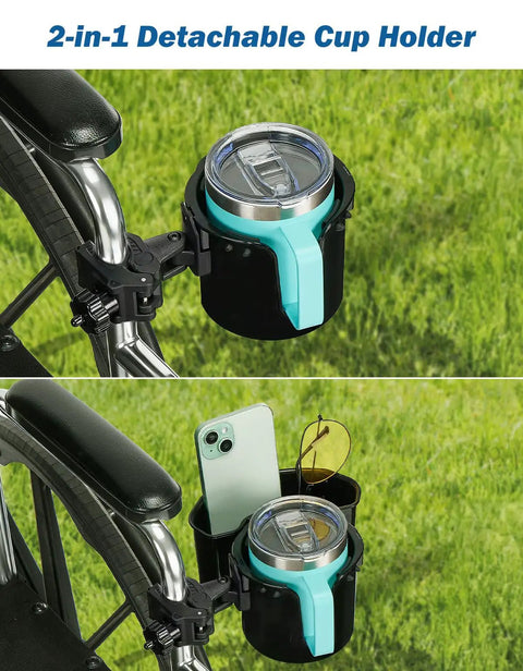Wheelchair Cup Holder With 6.4 Inch Storage Box And 2 In 1 Design, Big Drink Holder With Handle, fits on wheelchair with green grass background.