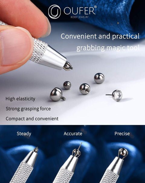 Piercing Ball Grabber Kit with guide needles for 16G-20G use, showing surgical steel tool and components for ear and nose piercing.