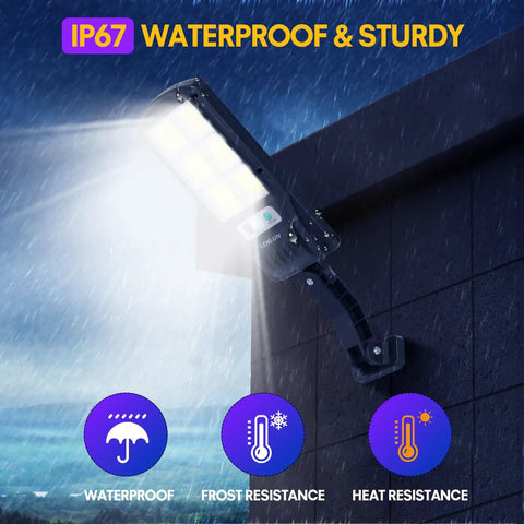 Outdoor Solar Motion Sensor Flood Lights 6000 Lumens 120 LED 3 Modes Waterproof Wall Lamp mounted on wall at night