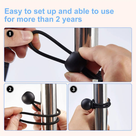 Heavy Duty Ball Bungee Cords Set With 30 Pieces In 3 Sizes 6 Inch 9 Inch And 11 Inch Ball Bungee Balls wrapped around a pole