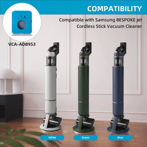 8 Pack Dust Bags For Bespoke Jet Cordless Stick Vacuum Cleaner 2.5L Large Capacity Automatic Dust Collection Compatible With All In One Clean Station Replacement shown with three vacuum colors white, green, blue.