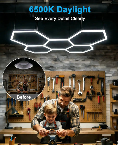 Six Sided LED Garage Light With Five Grid Panels Hella Bright 26520 Lumens Natural White 6500K illuminating a garage workspace