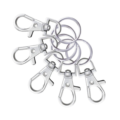 Heavy Duty Metal Swivel Lanyard Snap Hooks And Split Key Rings Bulk Keychain Connectors 100 Piece Set with alloy clips and rings.